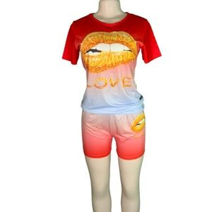 Women’s red short set with lips and face mask